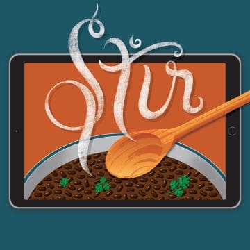 A cooking pot with the word 'Sir' formed by steam and a wooden spoon inside.