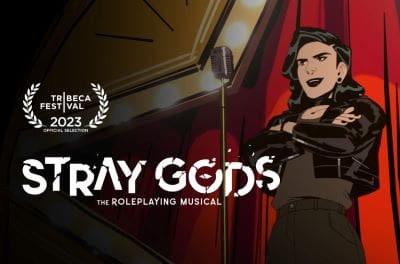 Poster for 'Stray Gods: The Roleplaying Musical' featuring a woman and a guitar case.
