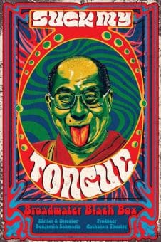 A colorful psychedelic poster of a man with glasses and tongue out.