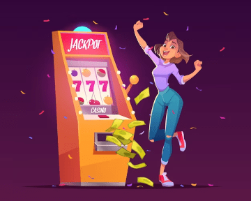 A woman celebrates winning money from a slot machine jackpot.