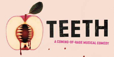 A peach with a zipper on its pit next to bold text 'TEETH'.