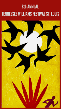 Abstract art with black birds and a white circular shape on a yellow background.