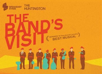Promotional poster for 'The Band's Visit' musical with diverse characters in colorful attire.