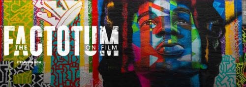 Colorful abstract portrait with bold stripes and text.