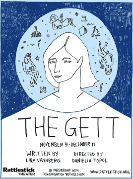 Poster for 'The Gett' play with artistic blue background and female face.