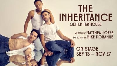 Promotional image for the play 'The Inheritance' featuring three men and show details.