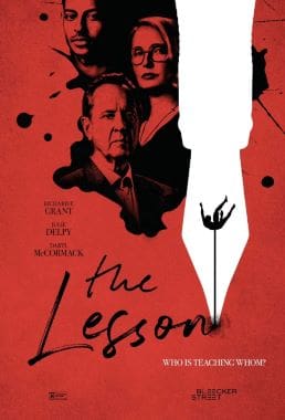 A dramatic poster for "The Lesson" with a red and black motif and silhouettes.