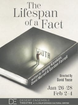 A stage scene from 'Lifespan of a Fact' play with a spotlight on a person.
