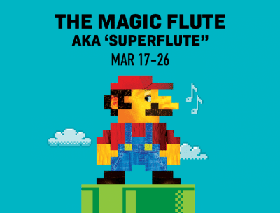 Pixelated Mario playing flute with event details on a blue background.