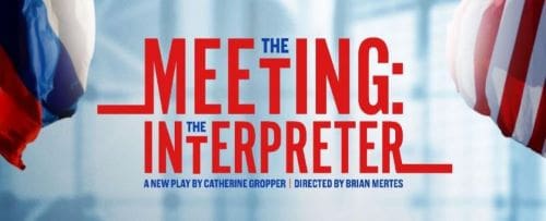 Poster for the play 'The Meeting' featuring bold red and blue text on a light background.