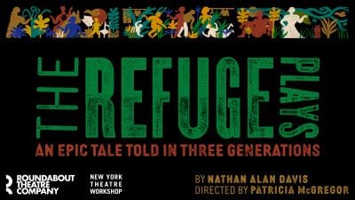Poster for 'Refuge' play featuring colorful figures and bold green text.
