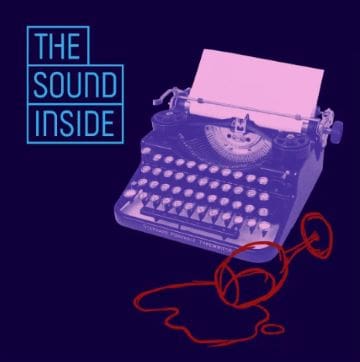 Purple typewriter with headphones and text 'THE SOUND INSIDE'.