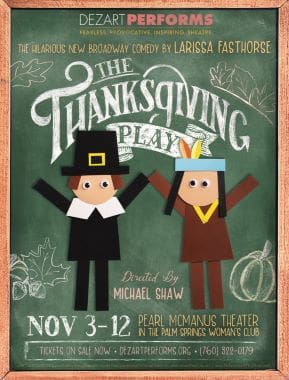Vintage-style poster for a Thanksgiving play with Pilgrim characters and event details.