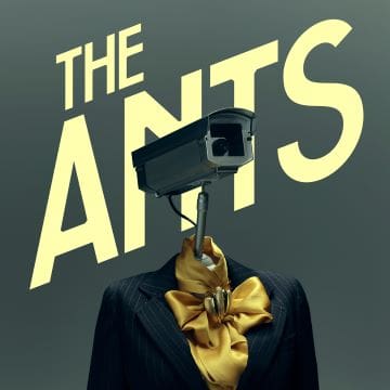 Surreal image of a person with a camera for a head, titled 'The Ants'.