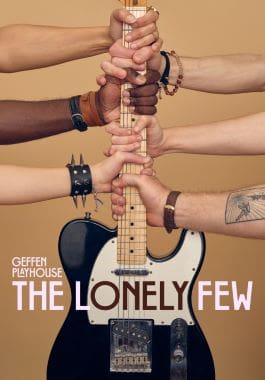 Hands of diverse people clasping a guitar neck together.
