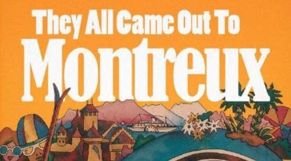 A vibrant Montreux festival poster with mountains and a lake.