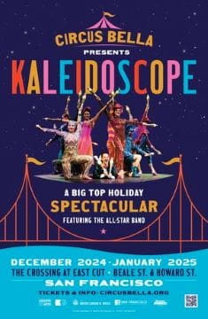 Colorful holiday performance poster with dancers and festive typography.