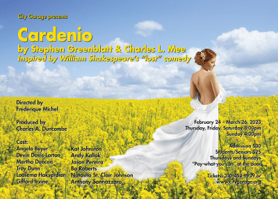 Poster for the musical 'Gardenio' featuring a woman in a white dress in a yellow field.