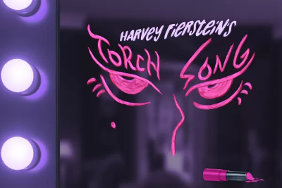 Neon pink graffiti of eyes with 'Harvey Fierstein's Torch Song' text.
