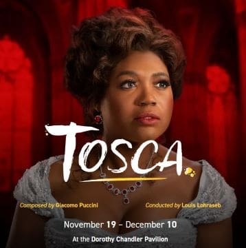 Portrait of a woman promoting the opera Tosca with event dates.