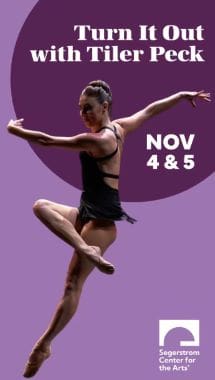 A female dancer in black performing a leap against a purple background with event dates.