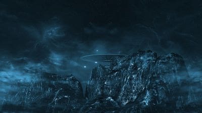 A futuristic cityscape at night under a dark, cloudy sky.