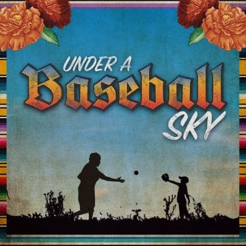 Silhouettes of a baseball player and a child under a colorful sky.