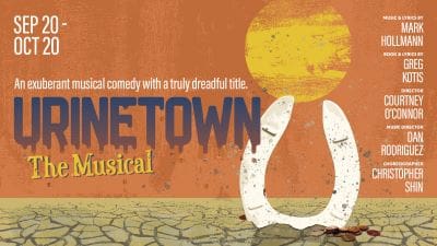 Poster for a musical titled 'TOWN' with a cracked ground and a yellow sky.