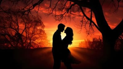 Silhouette of a couple embracing at sunset with vibrant orange sky.