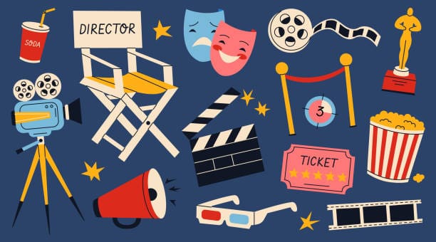 Illustration of film and theater icons like director's chair, masks, and clapperboard.