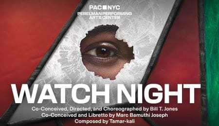 A torn paper reveals an eye for a theater production titled 'Watch Night.'
