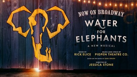 A theatrical poster featuring an abstract elephant head and show details.