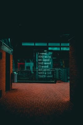 A dimly lit urban alley with neon signs in an Asian script.