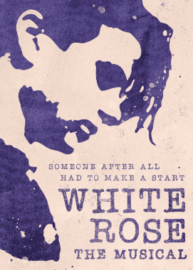 A stylized purple portrait with text about starting anew and a white rose.