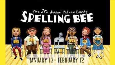 Animated poster for the 25th Annual Putnam County Spelling Bee with four kids at a spelling bee.