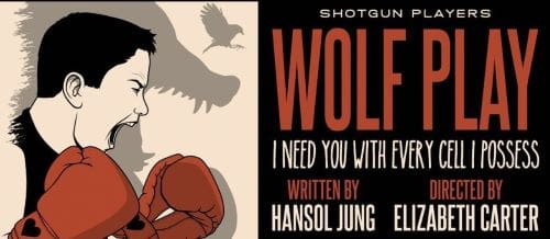 Poster for the play 'Wolf' by Hansol Jung with a boxing glove and a bird.
