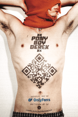 A torso tattoo featuring bold text and a large QR code across the chest and stomach.
