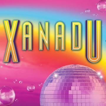 Bright neon "Xanadu" text with a disco ball and colorful background.