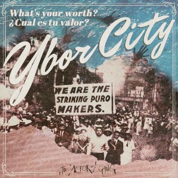 Vintage-style poster of Ybor City with street scene and signage.