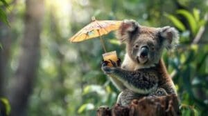A koala holding a small yellow umbrella with a drink in a natural setting.