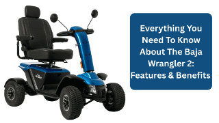 Compact blue mobility scooter with four wheels and a comfortable seat.