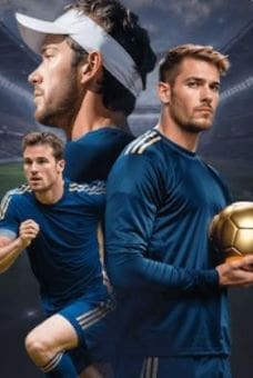 Four male soccer players in blue jerseys, one holding a golden ball.