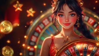 A smiling woman in red holding a roulette wheel in a casino setting.