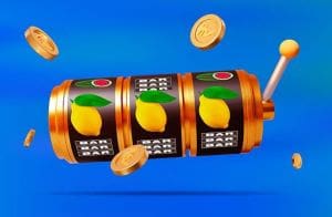 A slot machine with mango symbols and coins flying out.