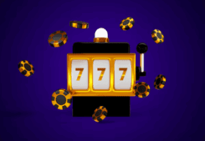 A slot machine showing triple sevens with poker chips flying around.