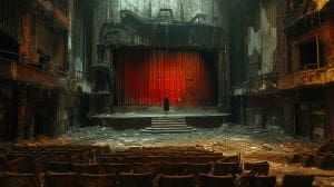 An empty, dimly lit theater with a red curtain and a single figure on stage.