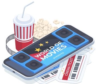 A popcorn bucket and movie tickets beside a smartphone displaying 'World of Movies'.