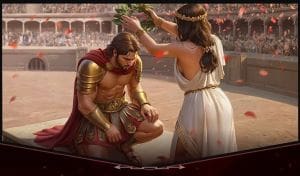 A woman crowns a kneeling warrior in ancient attire.