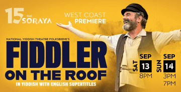 A man in suspenders gestures towards the film title 'Fiddler on the Roof' with premiere details.