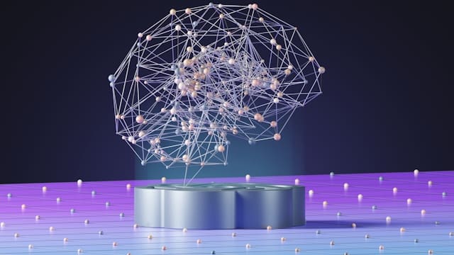 Abstract digital brain network with glowing nodes and connections on a pedestal.